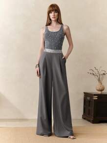 Arave Áo ba lỗ cổ tròn đính đinh tán thêu gân mới mùa hè cho nữ, co giãn, gợi cảm - Xám - Xem 4