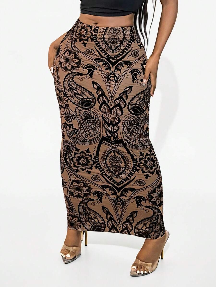 SHEIN SXY Khaki Mesh Flocked Paisley Pattern Skirt