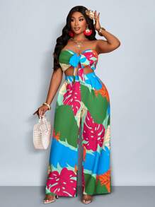 Maweii Conjunto de dos piezas de talla grande con top tubo y pantalones holgados impresos, vestimenta de playa y resort bohemia de verano para mujer