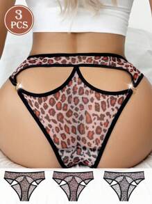 Wedaily Women's Multicolor Leopard Print Knitted Briefs 3-Pack Cut Out Design Fantasy-Elegant Style - Multicolor - View 2