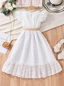 SHEIN 青少年女孩瑞士圆点短袖连衣裙，适合大童、度假、夏季和旅行 - 白色 - 查看 2