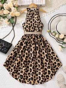 Sparklyn 青少女豹紋不對稱擺無袖連衣裙 - 棕色 - 查看 2