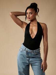 MISSGUIDED Body de cuello en V pronunciado con escote halter, sin espalda, para ocasiones de noche, cóctel, fiesta, club, festival, de diseño de alta moda y ajuste ceñido