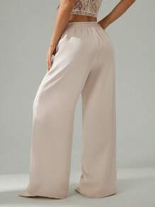 SHEIN PETITE Pantalones de pierna ancha con cintura elástica y encaje de contraste para mujeres, mujeres de talla pequeña - Caqui - Ver 2