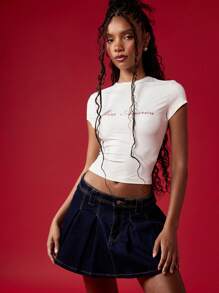 MISSGUIDED Miss America Baby Tee Fitted Crop Top Y2K Aesthetic Streetwear Retro Script Print Summer Fashion Short Sleeve Basic Tee - White - View 6