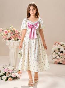 Tween Girls Ditsy Floral Printed Square Neck Puff Sleeve Fitted Dress - Multicolor - View 3