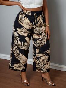 SHEIN PETITE CURVE 大码植物印花休闲裤 - 杏色 - 查看 6