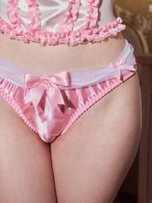 复古粉色缎面褶饰蝴蝶结拼色女式丁字裤