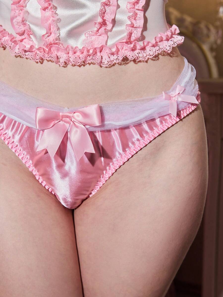 复古粉色缎面褶饰蝴蝶结拼色女式丁字裤