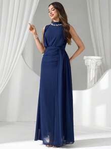 Coutiva Vestido de gala de noche de alta gama con decoración de lentejuelas brillantes y perlas falsas, elegante estilo de dama de lujo