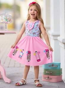 SHEIN Robe courte sans manches à col rond imprimée d'un motif de dessin animé pour jeune fille, confortable et décontractée - Rose bonbon - Voir 1