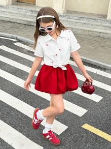 SHEIN Tween Girl Short Sleeve Shirt In Summer Is A Must-Have. The Cherry Pattern On The Shirt Looks Vivid, As If Dotting Sweet Fruits. It Is The Perfect Choice To Create An Adorable Look For Your Little One. - White - View 1