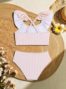 Bikini a maglia a righe e blocchi di colore per ragazze giovani, costume da bagno a due pezzi con parte superiore con volant, alla moda ed elegante per nuotare, vacanza, estate
