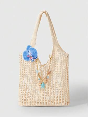 Fairycore 1 pieza Bolso de playa estilo bohemio para mujer, tejido hueco con concha, cola de pez, decoración de flor tropical (Kit de decoración DIY incluido)