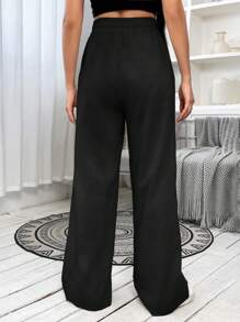 SHEIN EZwear 女式黑色抽绳腰阔腿休闲运动裤 - 黑色 - 查看 2