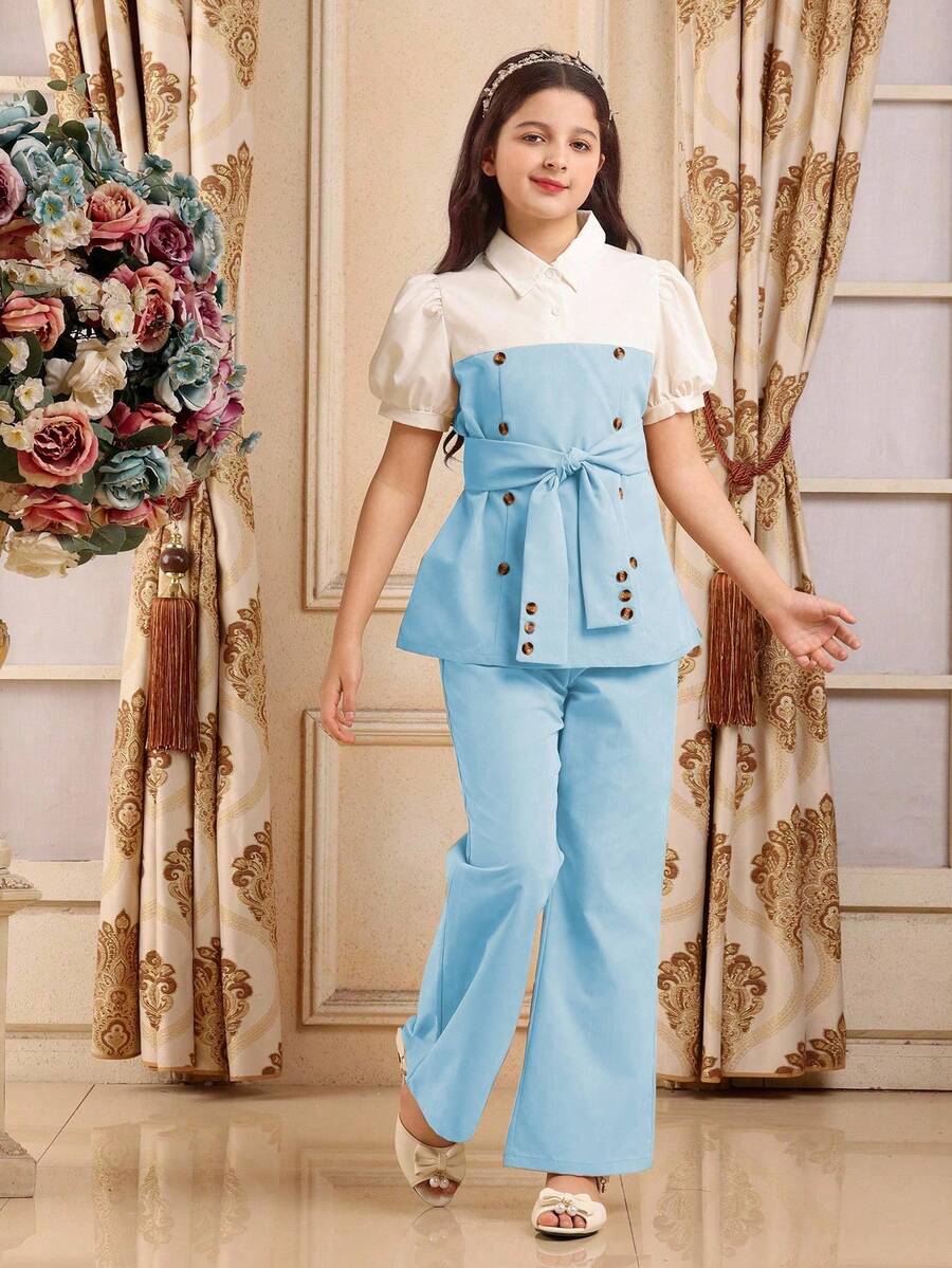 Tween Girls' Summer 2 Pieces Set: Puff Sleeve Button-Up Shirt And Shorts' - Blue and White - View 1
