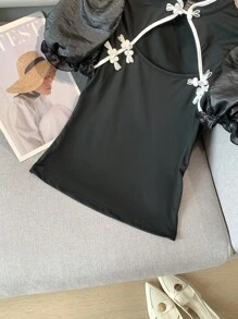 Modelyn 女式纽扣镂空泡泡袖修身上衣 - 黑色 - 查看 4