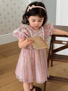 DAZY 女童圆领全印花网眼拼布中长款生日派对连衣裙 - 粉色 - 查看 7