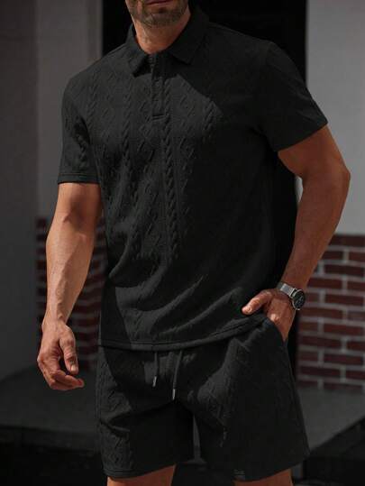 Manfinity Homme 2 件男士纹理短袖 Polo 衫和短裤休闲西装套装，黑色夏季两件套，复古风格，舒适装扮