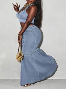 Slaydiva Plus Size Front Button Denim Skirt - Blue - View 8