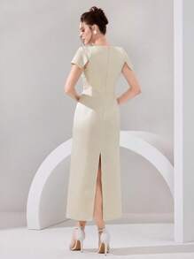 Poshira Vestido de noche de gala formal de mujer de unicolor y largo - Albaricoque - Ver 2