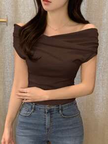 DAZY Women Solid Color Off-Shoulder Short Sleeve T-Shirt, Spring/Summer - Brown - View 4