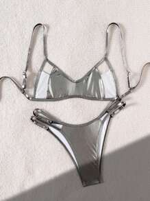 Swim SXY 2pc Solid Color Metallic Series: Plunging V-Neck Hollow-Out Top With Criss-Cross Back Tie Up, High Slit Low Waist Hollow-Out Shorts With Side Drawstrings, Sexy And Bold Beach Party Bikini Set For Women