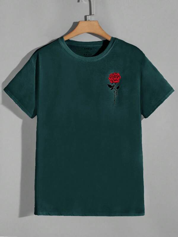 RueChic Men's Solid Color Rose Print Short Sleeve Crew Neck T-Shirt, Minimalist & Fashionable
