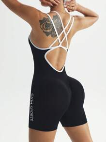 SHEIN Sport Studio Women's Solid Color Seamless Criss-Cross Contrast Color Sports Jumpsuit
