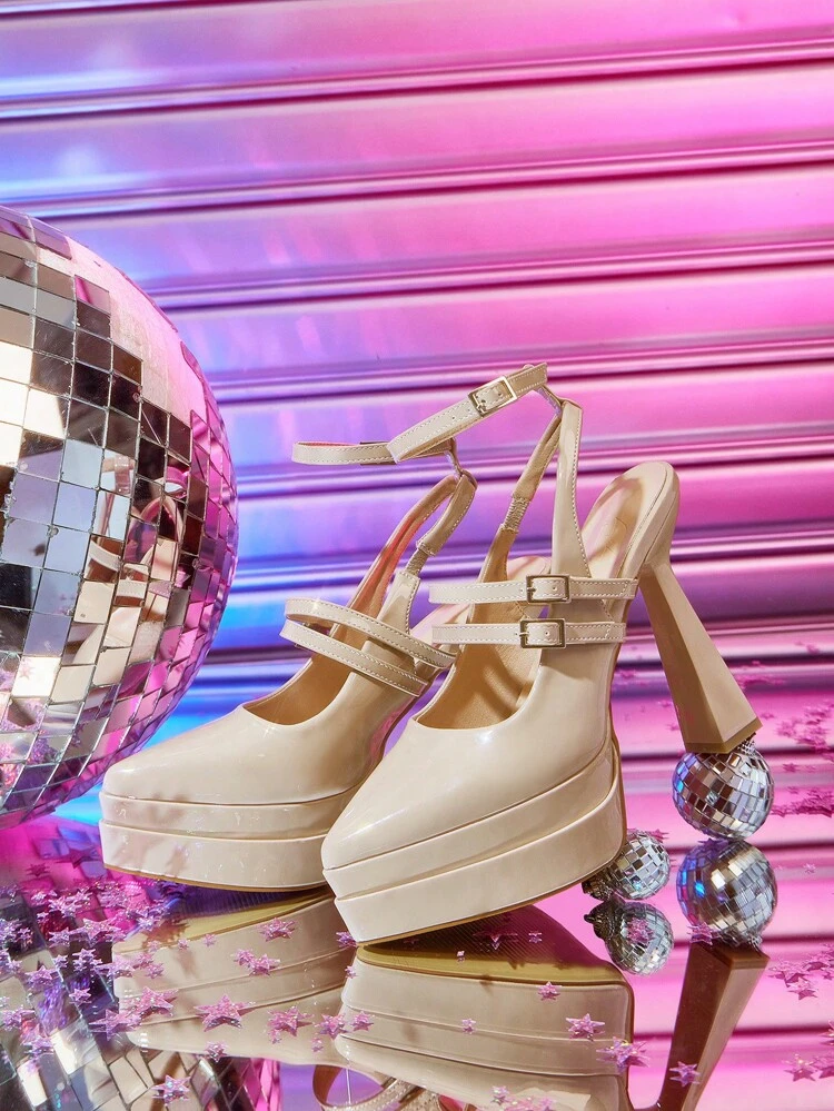 CUCCOO LuxiPop Pointed Toe Chunky Heel Platform Strap Champagne High Heel Pumps, Suitable For Halloween, Christmas, New Year Party