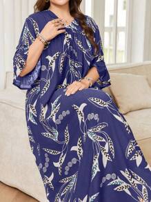 Lacomfia Casual Floral Print Ruffle Trim V-Neck 3/4 Sleeve Loose Fit Maxi Dress For Plus Size Women, Spring/Summer - Multicolor - View 1