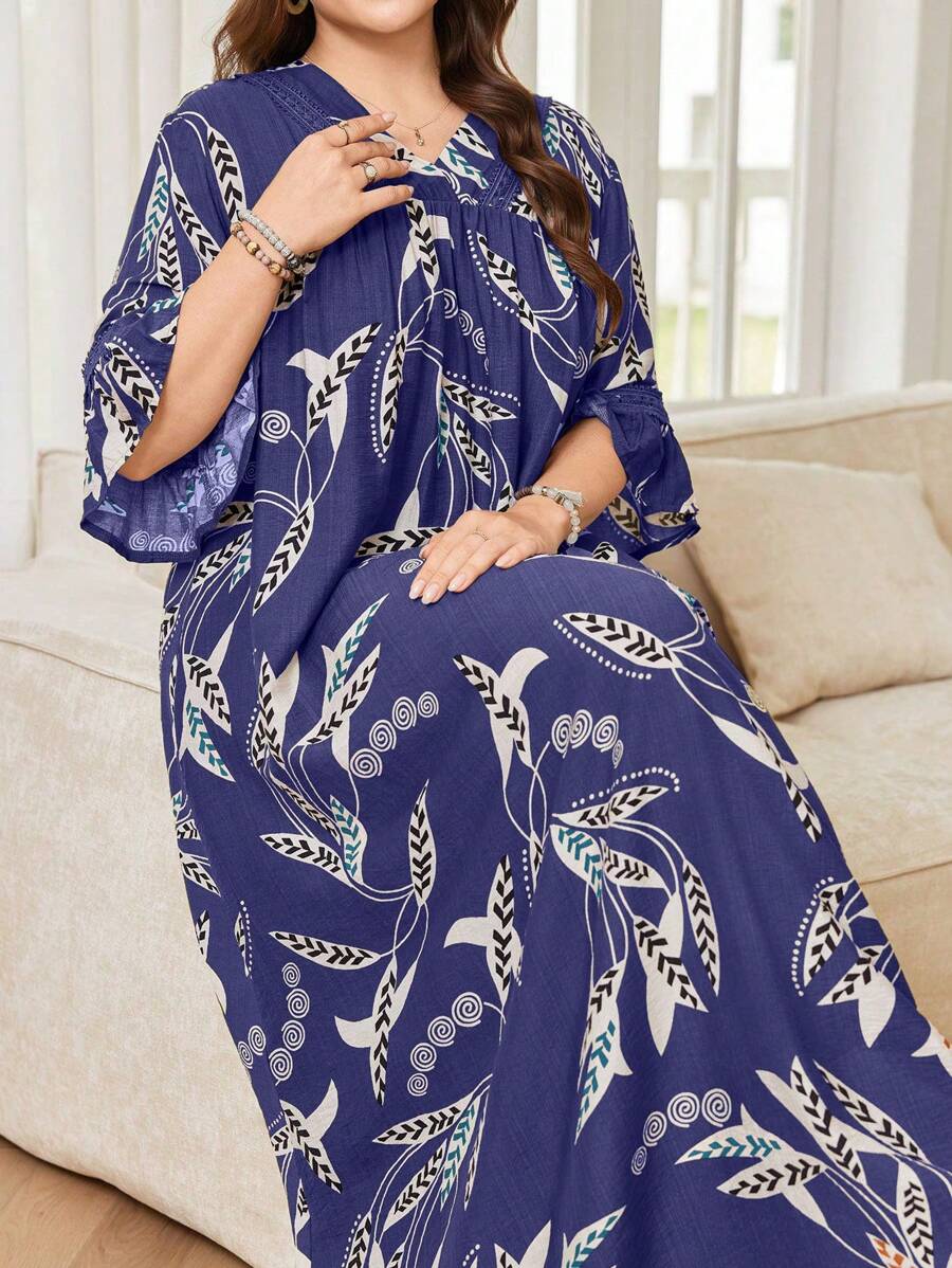 Lacomfia Casual Floral Print Ruffle Trim V-Neck 3/4 Sleeve Loose Fit Maxi Dress For Plus Size Women, Spring/Summer - Multicolor - View 1