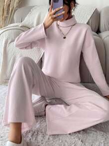 EURMUSE Drop Shoulder T-Shirt mit Stehkragen, & Hose - Pink - Übersicht 5