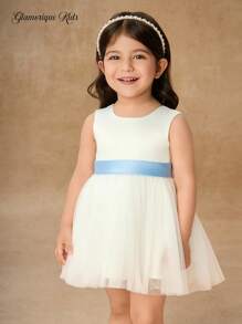 Glamorique Kids Vestido de satén y tul para niñas, con cinturón de contraste, diseño de lazo en la espalda, vestido de princesa infantil para bodas/cumpleaños/banquetes - Beis - Ver 3