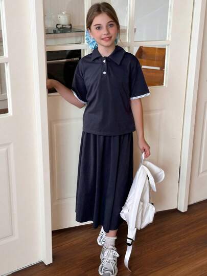 DAZY 2 件套青少年女孩 Polo 领 T 恤和裙子套装，夏季