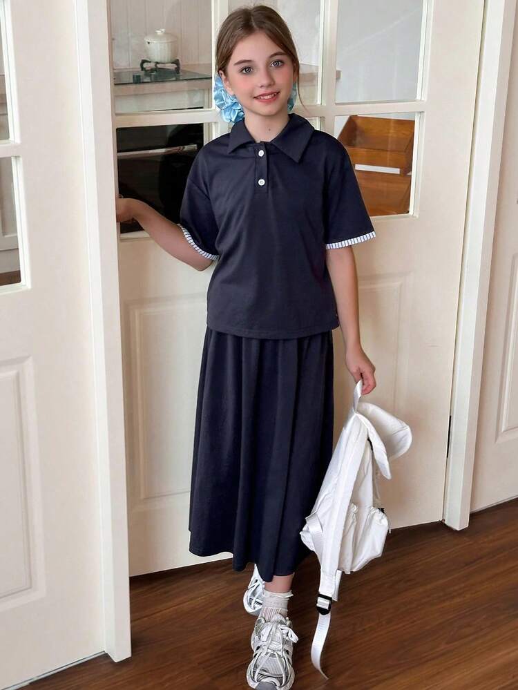 2pcs/Set Tween Girls Polo Collar T-Shirt And Skirt Outfit, Summer