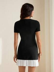 SHEIN Tall Round Neck Mixed Material Ruffle Hem Versatile Mini Dress Women Cocktail Dress Women Short Dresses Women Black Dress,Business Casual - Black - View 2