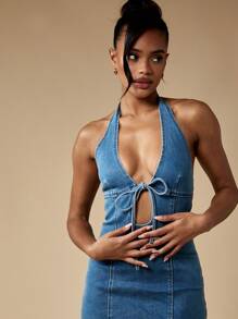 MISSGUIDED Denim Halter Neck Mini Dress With Front Keyhole Cut Out Tie Detail Summer Party Club Festival Y2K Bodycon Dress - Medium Wash - View 5