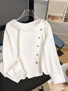 GlowEve Elegant Commuting Casual Fashionable Chic White Blouse For Women, Stand Collar Versatile Top With Unique Design