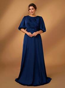 Serin Plus Size Navy Blue Satin Fabric Crew Neck Pleated Chest Floral Decor Bell Sleeve A-Line Dress, Elegant For Wedding Party Activities, Bridesmaid And Mother Of The Bride Outfit