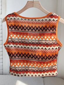 Comfortcana Allover Print Beaded Hollow Vacation Style Round Neck Tank Top - Multicolor - View 2
