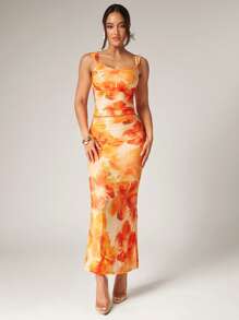Silquee 2pcs Women's Elegant Summer Beach Vacation Yellow Tie-Dye Floral Print Pleated Mesh Top And Fishtail Skirt Two-Piece Set For Spring And Summer Vacation, Beach, Suitable For Romantic Date, Wedding, Night Out, Beach Vacation, Elegant Beach Vacation, Summer Sexy, Suitable For Date Night, Suitable For Vacation, Beach, Music Festival, Suitable For Spring And Summer, Suitable For Daily Date, Night Out, Party, Gathering - Multicolor - View 1