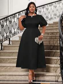 SHEIN Lady  Spring And Summer Elegant Plus Size Long Sleeve A Line Dress Bishop Sleeve White Wedding Valentine's Day Cocktail Party Plus Size Dresses Costume Prom Dress Fall Women Dresses Holiday Dress Black Dress Greek Goddess Dress,Wedding Guest Dress Women