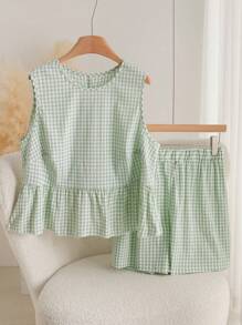 CosyJoli Set da donna taglie forti a quadri composto da 2 pezzi, blusa e pantaloncini casual di design elegante per taglie forti, colore verde, adatto per vacanze/uscite casual - Verde - Visualizzare 7