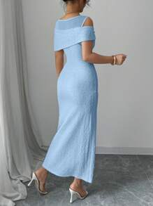 Modelyn Solid Color Mesh Splice Raised Floral Cut-Out Shoulder Midi Dress For Women