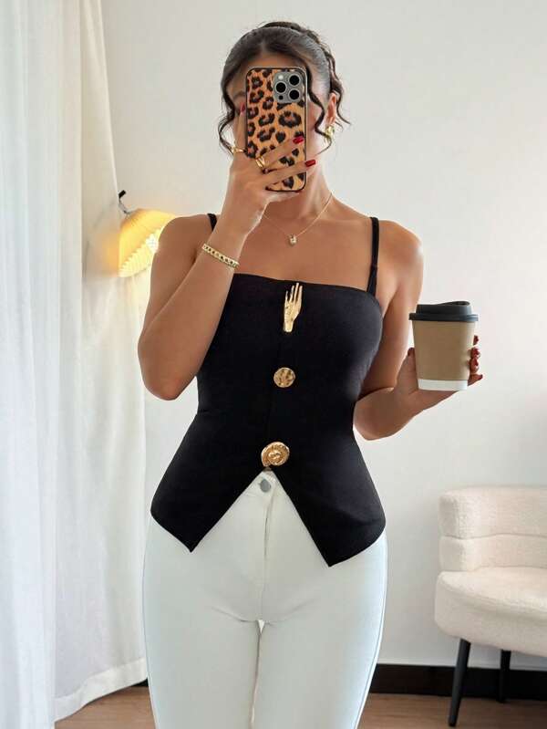 Islaluna Summer Elegant Minimalist Metal Decor Slim Fit Camisole Top, Suitable For Commuting And Casual Wear Black Bodysuit Top Classy Top