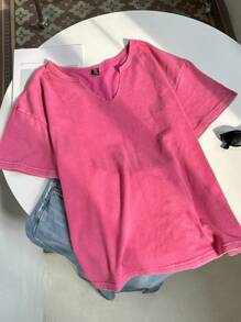 Comfortcana 大码春夏服装复古水洗玫瑰红色宽松短袖 V 领大码 T 恤，棉质面料