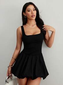 SHEIN PETITE 弹力腰部A字甜美黑色迷你连衣裙，可爱又时尚 - 黑色 - 查看 5
