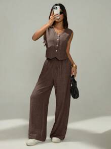 SHEIN PETITE Bộ đồ thường ngày 2 món áo vest và quần một hàng khuy đơn màu trơn dành cho nữ, mùa hè - Màu nâu Sô-cô-la - Xem 3