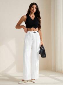 SHEIN Tall Quần ống rộng xếp ly cạp bất đối xứng cạp trễ thường ngày cho nữ - trắng - Xem 7